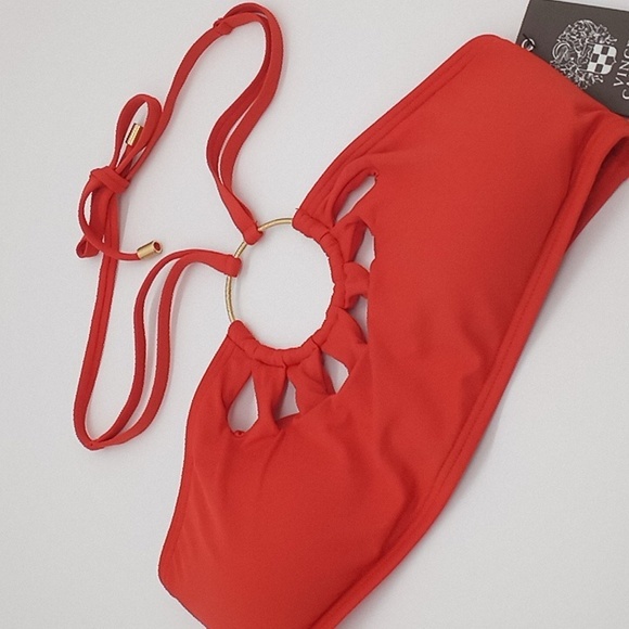 Vince Camuto Serengeti Logo-Ring Cutout Halter Bikini Swim Top Red Sunset S - Picture 2 of 15